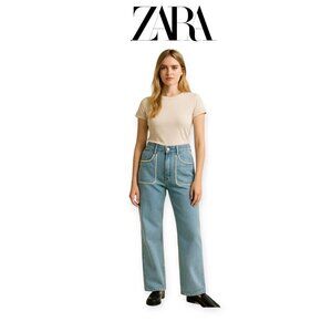 Zara Lightwash Boho Embroidered Wide-Leg Jeans – 1970s Wanderlust Vibes, Size 6